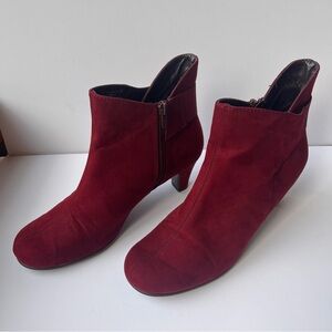 Suede maroon booties with 2" heel, size 8.5 Aerosoles, zipper side.